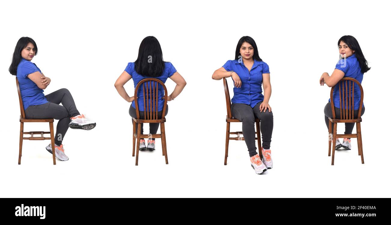 same woman of back, front and side with jeans shirt and snickers sitting on chair on white background Stock Photo