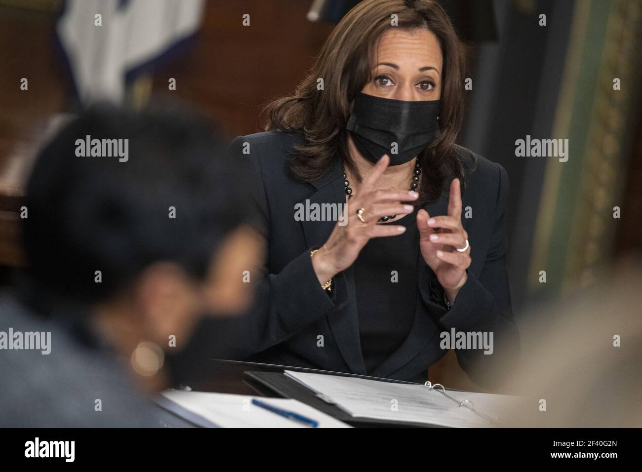 US Vice President Kamala Harris meets with labor leaders in the Vice President's Ceremonial Office in the Eisenhower Executive Office Building in Washington, DC, USA, 18 March 2021. To mark WomenâÂ€Â™s History Month and passage of the American Rescue Plan Vice President Harris met with Randi Weingarten from the American Federation of Teachers, Liz Schuler from the American Federation of Labor and Congress of Industrial Organizations, Becky Pringle, from the National Education Association, Teresa Romero from United Farm Workers, Cindy Estrada from United Auto Workers, Mary Kay Henry from Servic Stock Photo