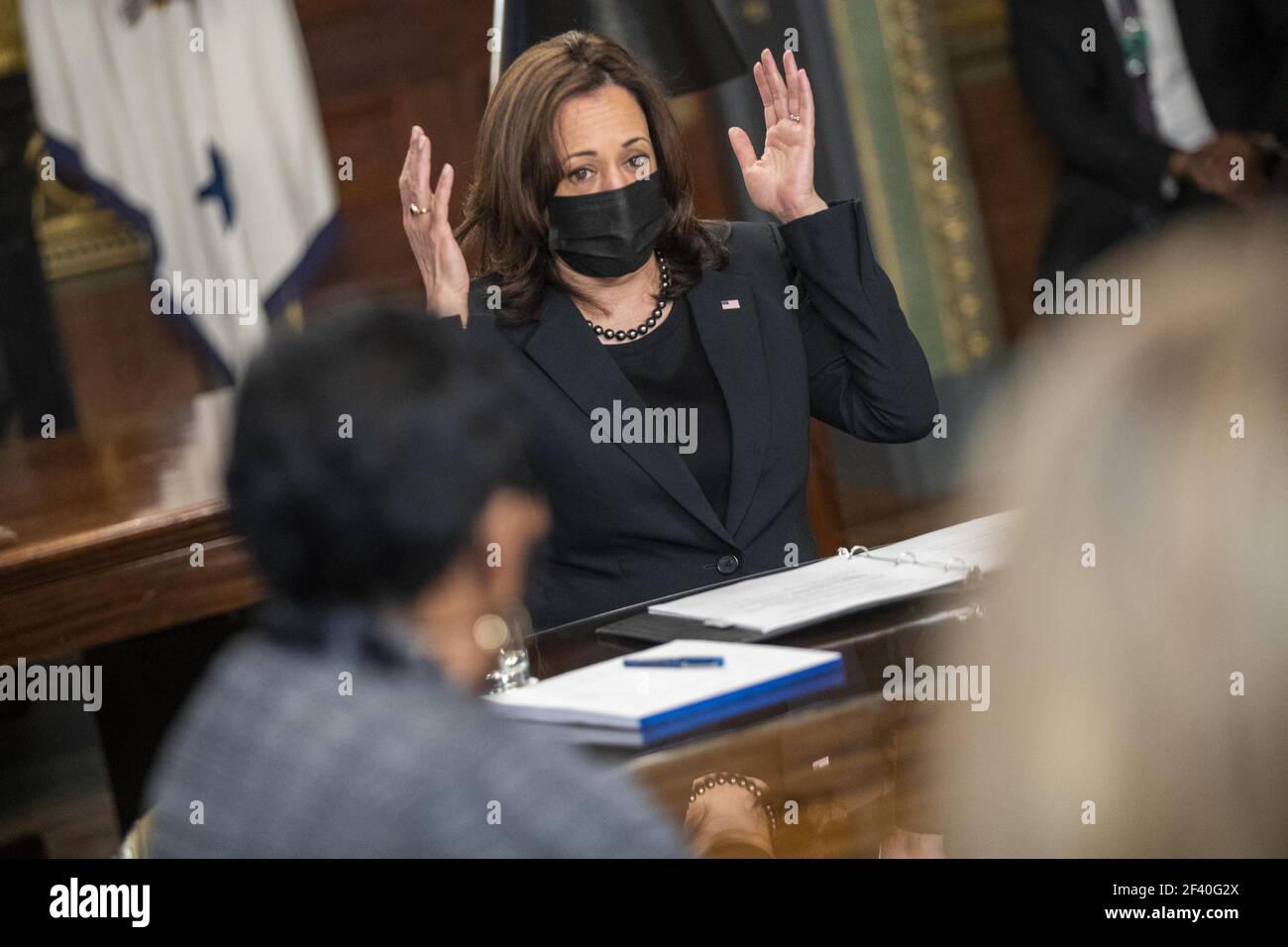 US Vice President Kamala Harris meets with labor leaders in the Vice President's Ceremonial Office in the Eisenhower Executive Office Building in Washington, DC, USA, 18 March 2021. To mark WomenâÂ€Â™s History Month and passage of the American Rescue Plan Vice President Harris met with Randi Weingarten from the American Federation of Teachers, Liz Schuler from the American Federation of Labor and Congress of Industrial Organizations, Becky Pringle, from the National Education Association, Teresa Romero from United Farm Workers, Cindy Estrada from United Auto Workers, Mary Kay Henry from Servic Stock Photo