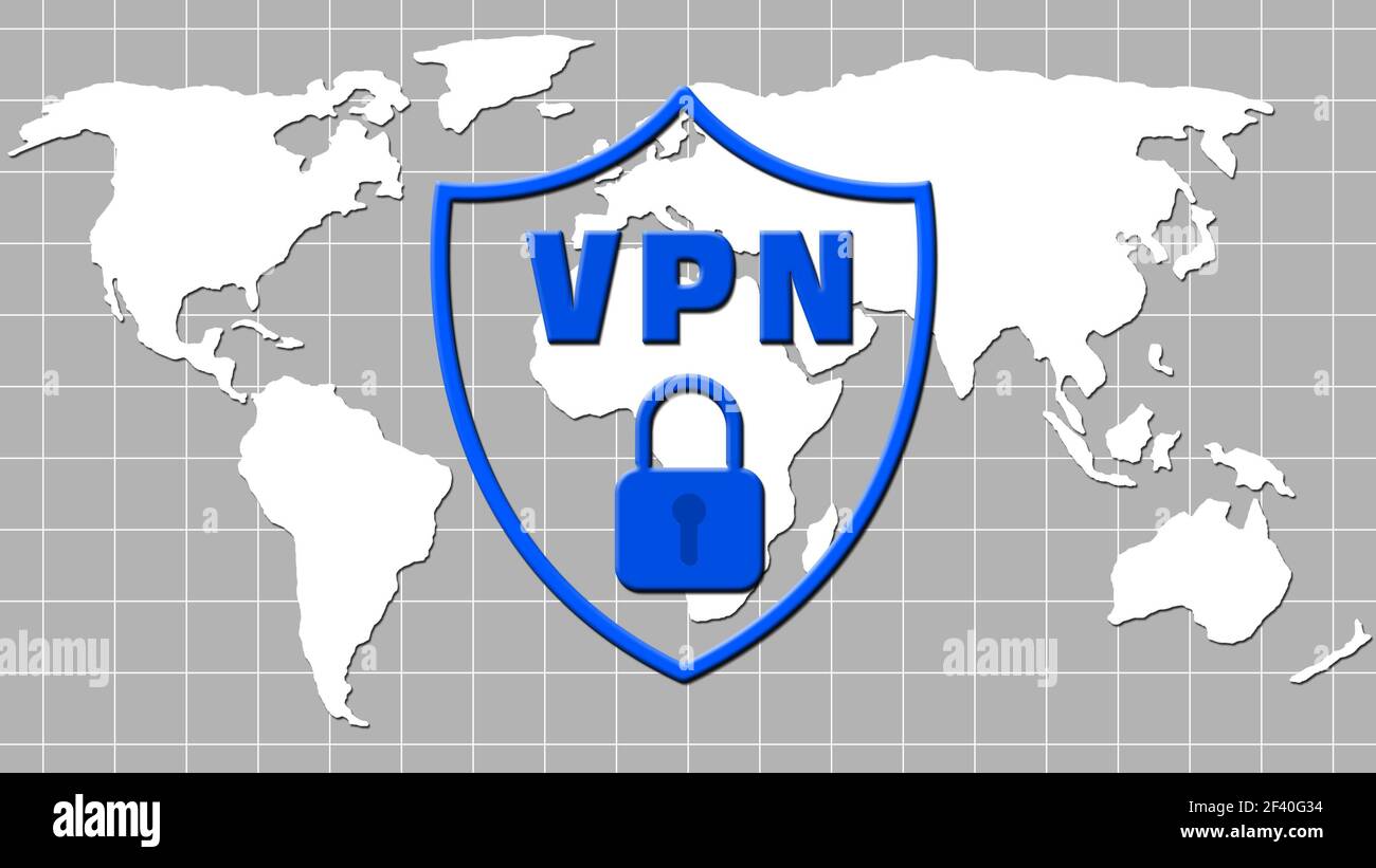 VPN blue logo in shield with padlock over grid pattern with white world map on gray background - cyber security concept of Virtual Private Network Stock Photo