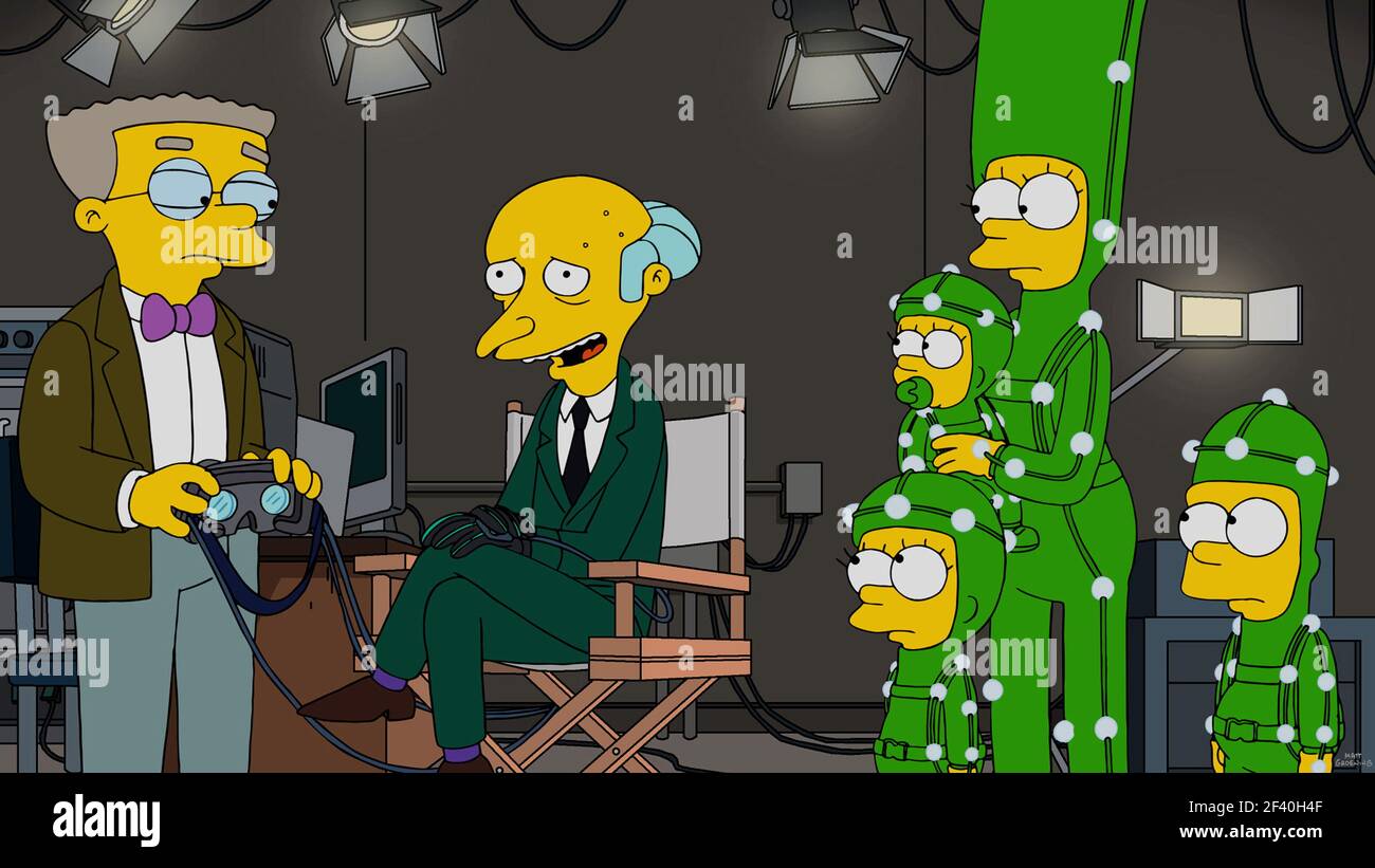 The Simpsons: Smithers, Mr. Burns, Marge, Bart, Lisa, and Maggie Stock Photo