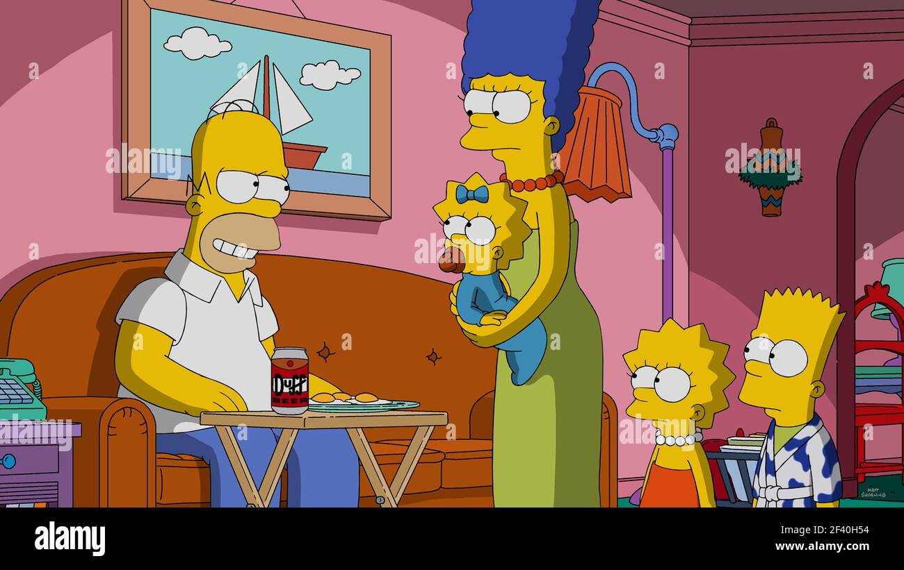 The Simpsons: Homer, Marge, Bart, Lisa, and Maggie Stock Photo