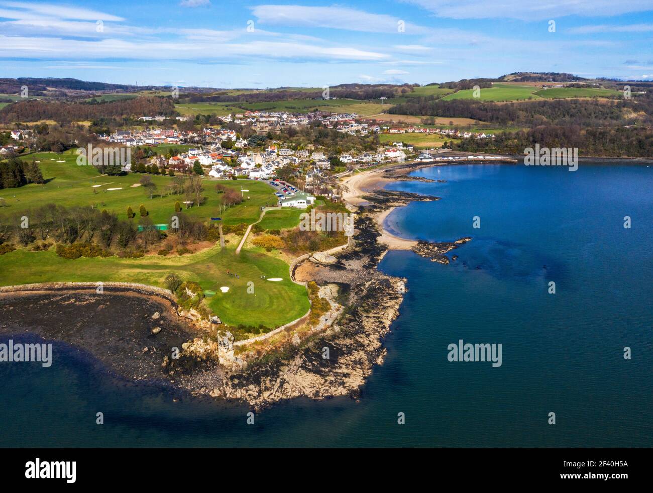 Aerial view of Aberdour golf club and the town of Aberdour on the Fife coast, Scotland, UK Stock Photo