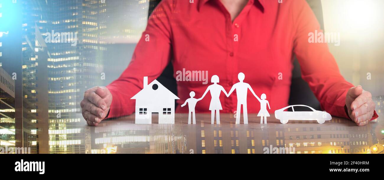 Insurer protecting house, family and car with his hands; multiple exposure Stock Photo