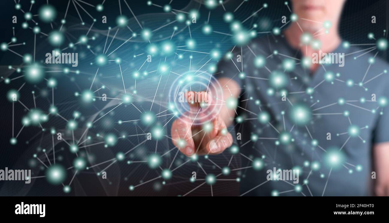 Man touching a virtual network on a touch screen with his finger Stock ...