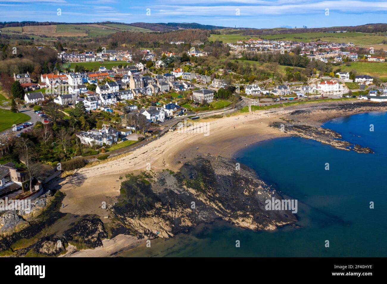 Aerial view of Aberdour and Black Sands Beach, Fife, Scotland. Stock Photo