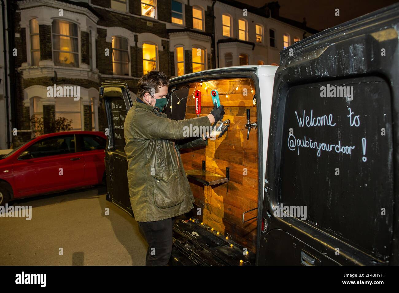 Pub on wheels, a van that serves draft beer and a selection of alcoholic drinks to the door, drop-off service which has become popular during lockdown. Stock Photo