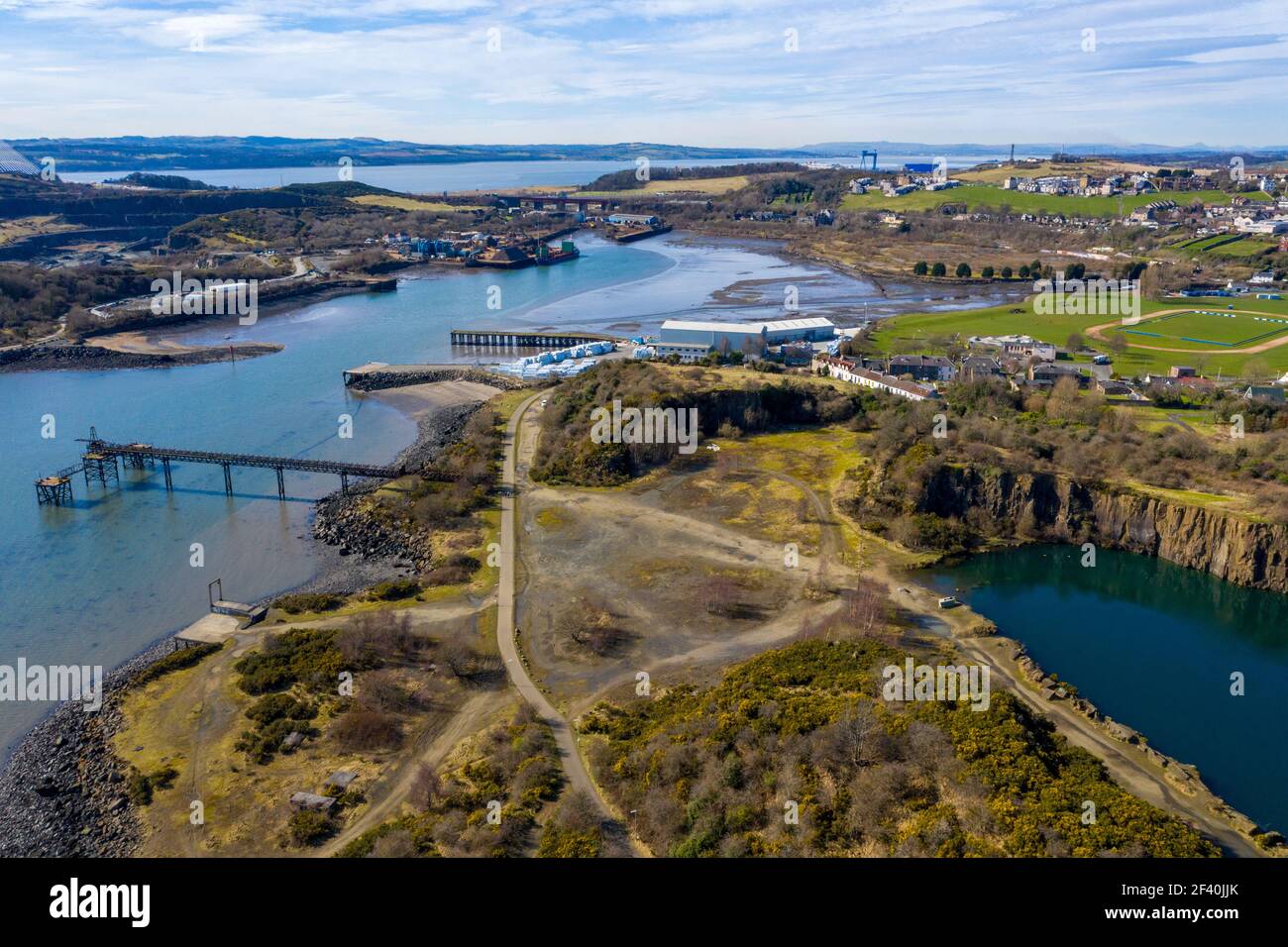 Aerial view of Prestonhill Quarry and Inverkeithing harbour, Inverkeithing, Fife, Scotland. Stock Photo