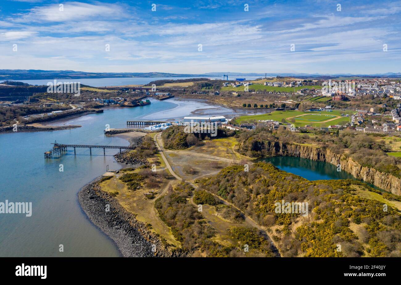 Aerial view of Prestonhill Quarry and Inverkeithing harbour, Inverkeithing, Fife, Scotland. Stock Photo