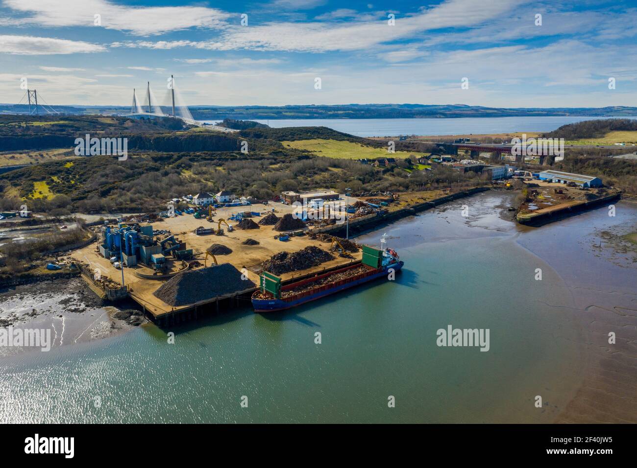 Aerial view of Robertson Metals Recycling yard, Inverkeithing docks, Inverkeithing Fife, Scotland. Stock Photo