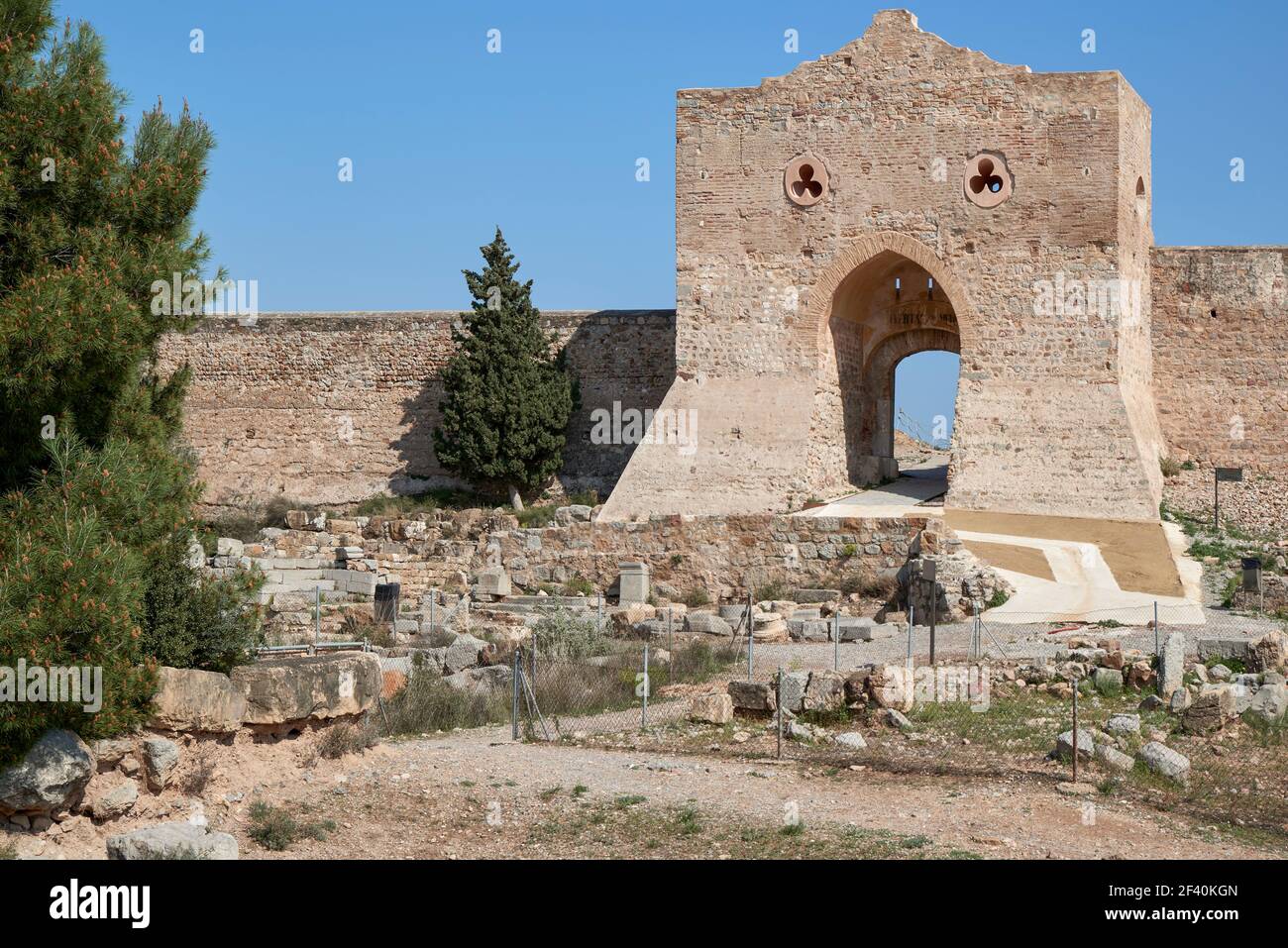 the castle is a defensive fortification with a length of almost a kilometer located at the top of the hill that protects the city of Sagunto, Spain Stock Photo