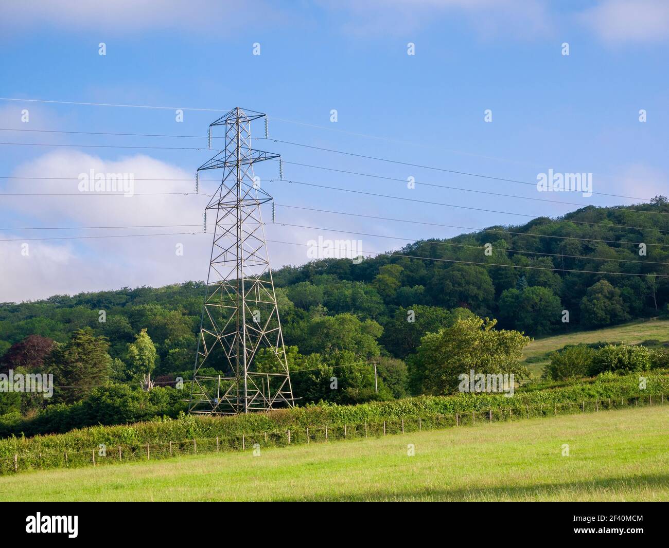 A 132kv high voltage power transmission pylon in a rural setting in