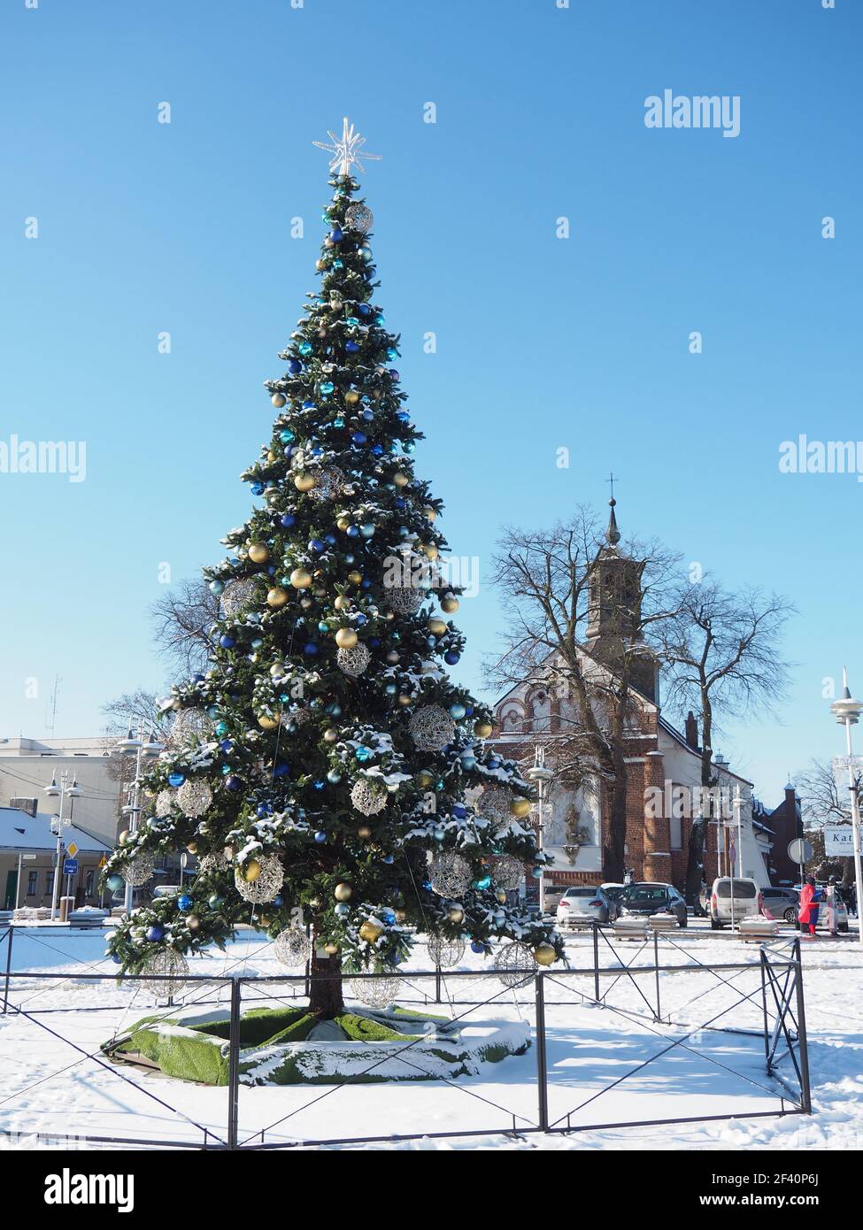 Christmas tree in town square Piaseczno, Poland Stock Photo