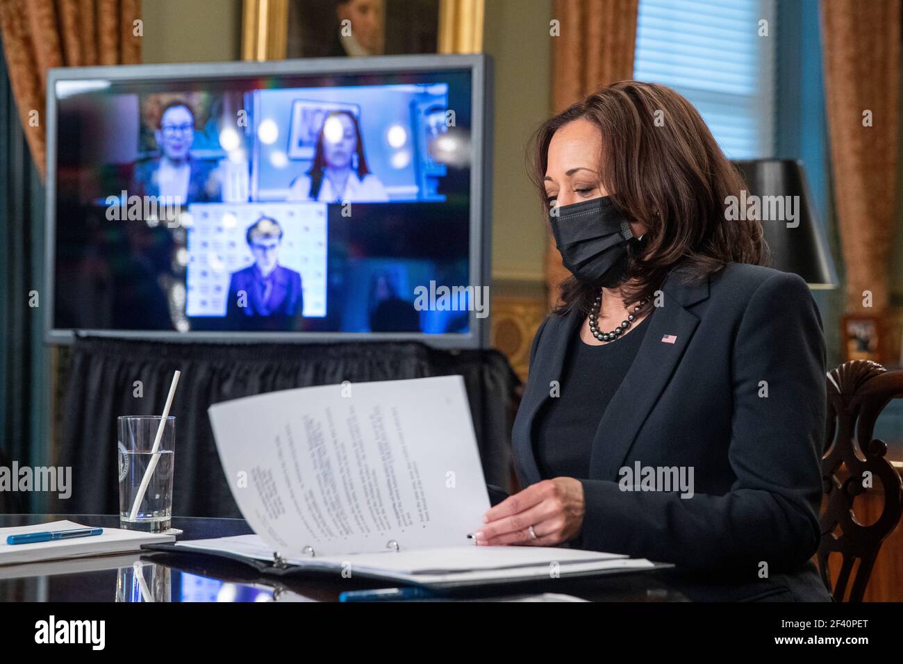 US Vice President Kamala Harris meets with labor leaders in the Vice President's Ceremonial Office in the Eisenhower Executive Office Building in Washington, DC, USA, 18 March 2021. To mark Women’s History Month and passage of the American Rescue Plan Vice President Harris met with Randi Weingarten from the American Federation of Teachers, Liz Schuler from the American Federation of Labor and Congress of Industrial Organizations, Becky Pringle, from the National Education Association, Teresa Romero from United Farm Workers, Cindy Estrada from United Auto Workers, Mary Kay Henry from Service Em Stock Photo