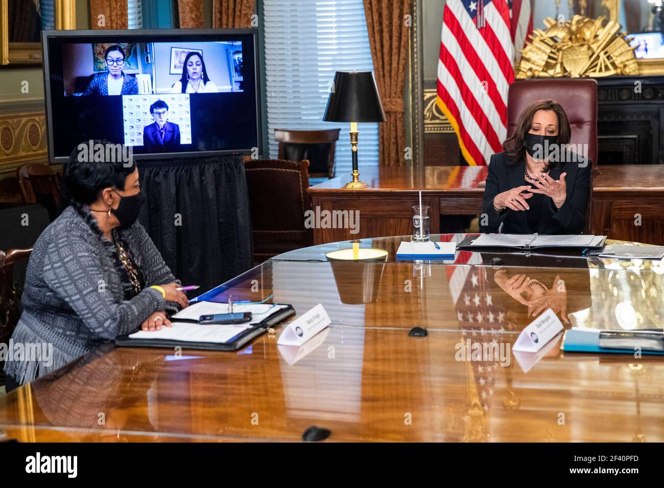 US Vice President Kamala Harris meets with labor leaders in the Vice President's Ceremonial Office in the Eisenhower Executive Office Building in Washington, DC, USA, 18 March 2021. To mark Women’s History Month and passage of the American Rescue Plan Vice President Harris met with Randi Weingarten from the American Federation of Teachers, Liz Schuler from the American Federation of Labor and Congress of Industrial Organizations, Becky Pringle, from the National Education Association, Teresa Romero from United Farm Workers, Cindy Estrada from United Auto Workers, Mary Kay Henry from Service Em Stock Photo