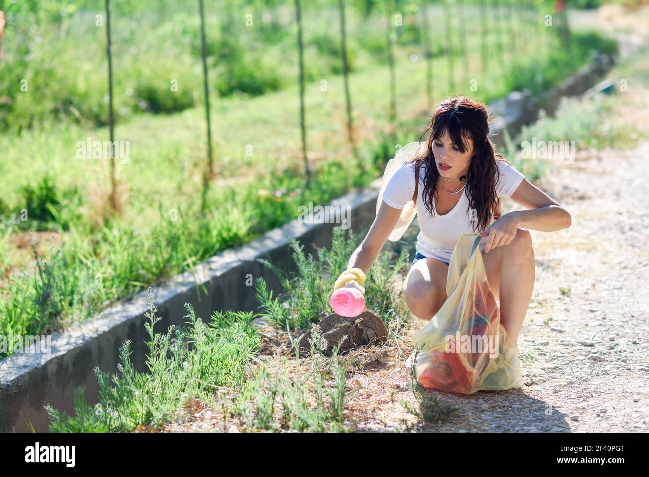 Young woman hand collecting garbage of the grass in the countryside. Woman hand collecting garbage of the grass in the countryside Stock Photo