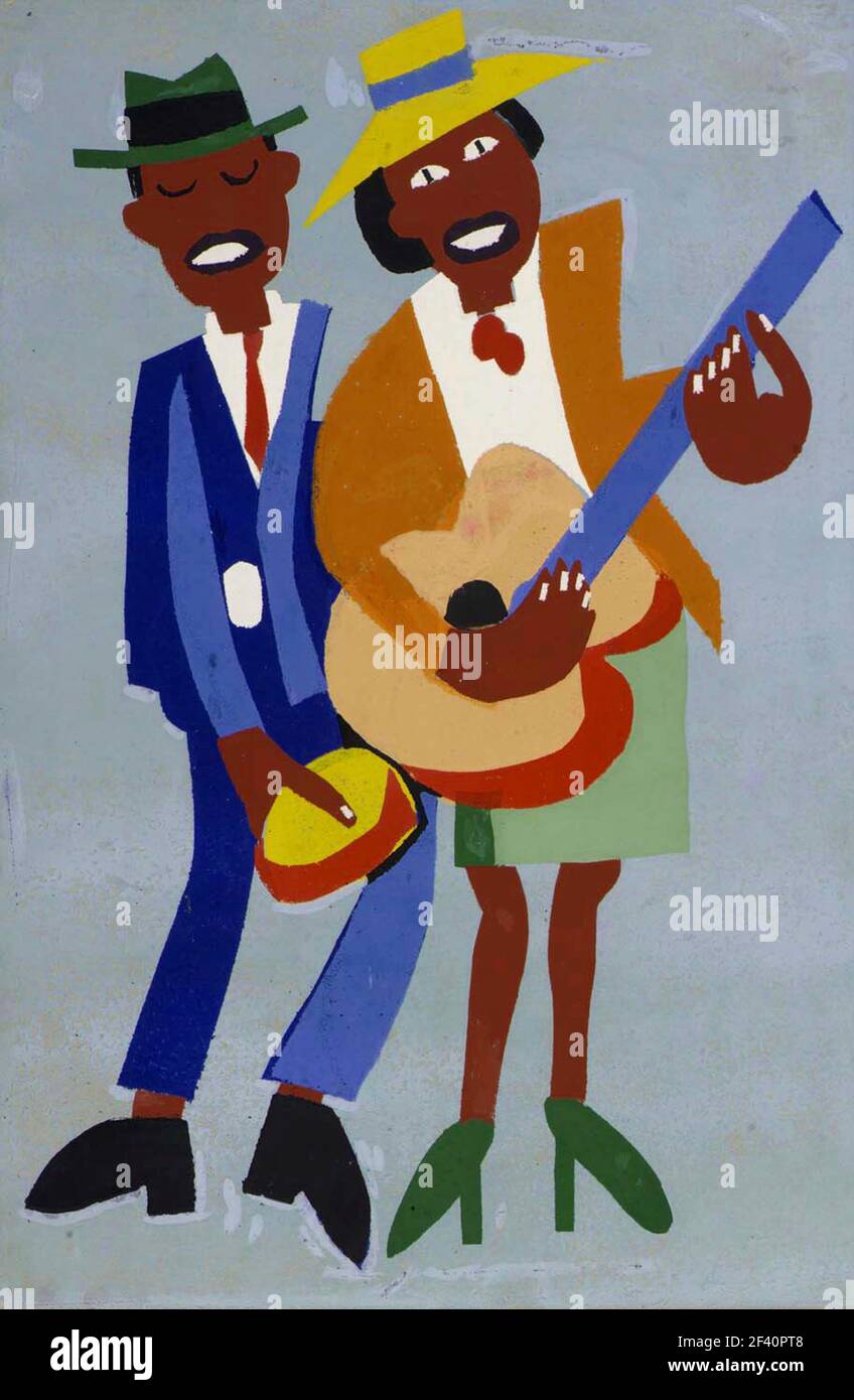 William H Johnson artwork entitled The Blind Singer. African-American singer accompanied by woman guitarist. Colourful portrayal. Stock Photo
