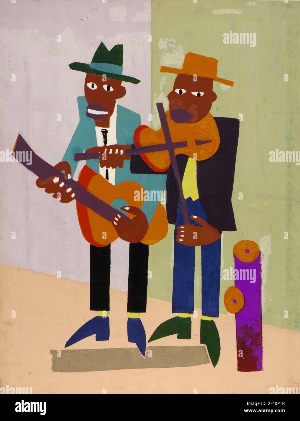 William H Johnson artwork entitled Street Musicians. Two African American street entertainers playing guitar and fiddle. Stock Photo