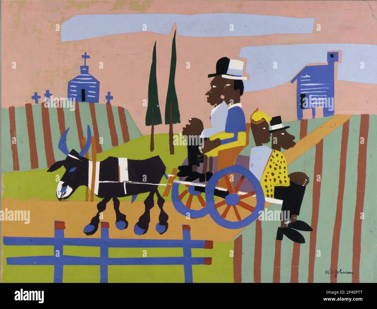 William H Johnson artwork entitled Going to Church. Colourful artwork of african american family travelling by oxen and cart to the church on the hill. Stock Photo