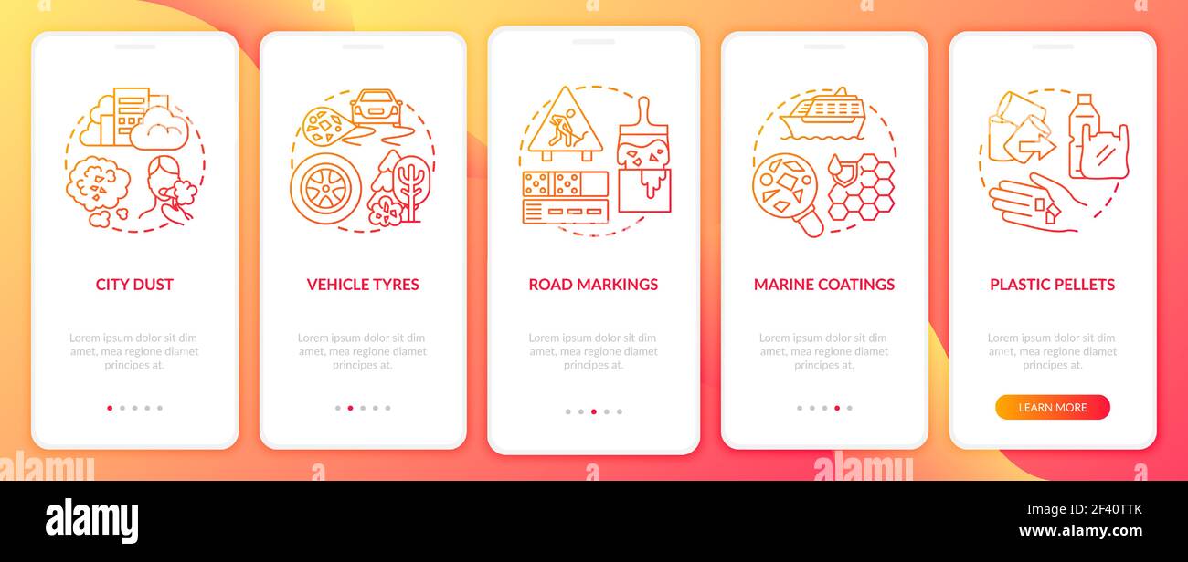 Microplastics sources onboarding mobile app page screen with concepts Stock Vector