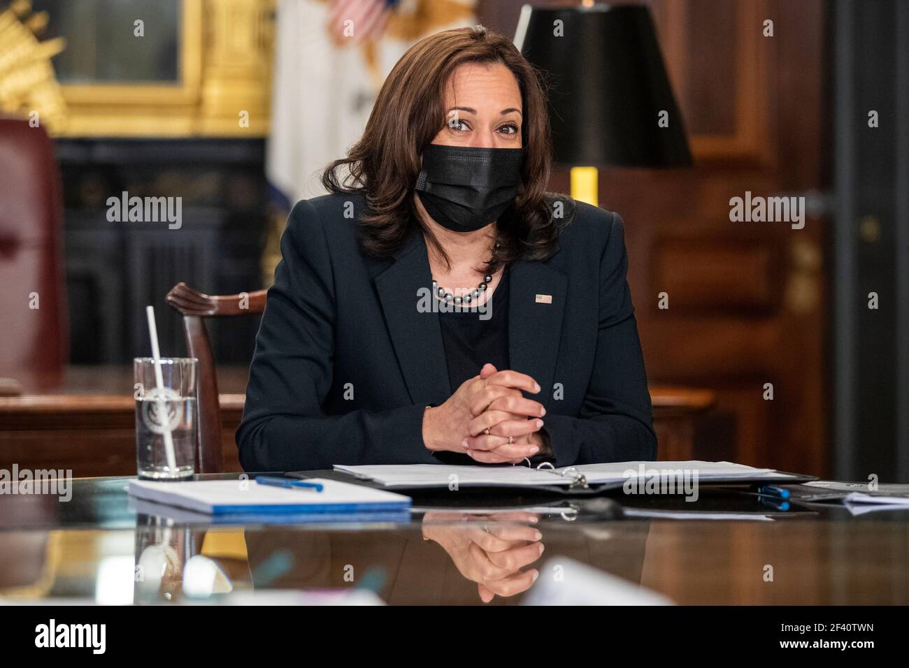 US Vice President Kamala Harris meets with labor leaders in the Vice President's Ceremonial Office in the Eisenhower Executive Office Building in Washington, DC, USA, 18 March 2021. To mark Women's History Month and passage of the American Rescue Plan Vice President Harris met with Randi Weingarten from the American Federation of Teachers, Liz Schuler from the American Federation of Labor and Congress of Industrial Organizations, Becky Pringle, from the National Education Association, Teresa Romero from United Farm Workers, Cindy Estrada from United Auto Workers, Mary Kay Henry from Service Em Stock Photo