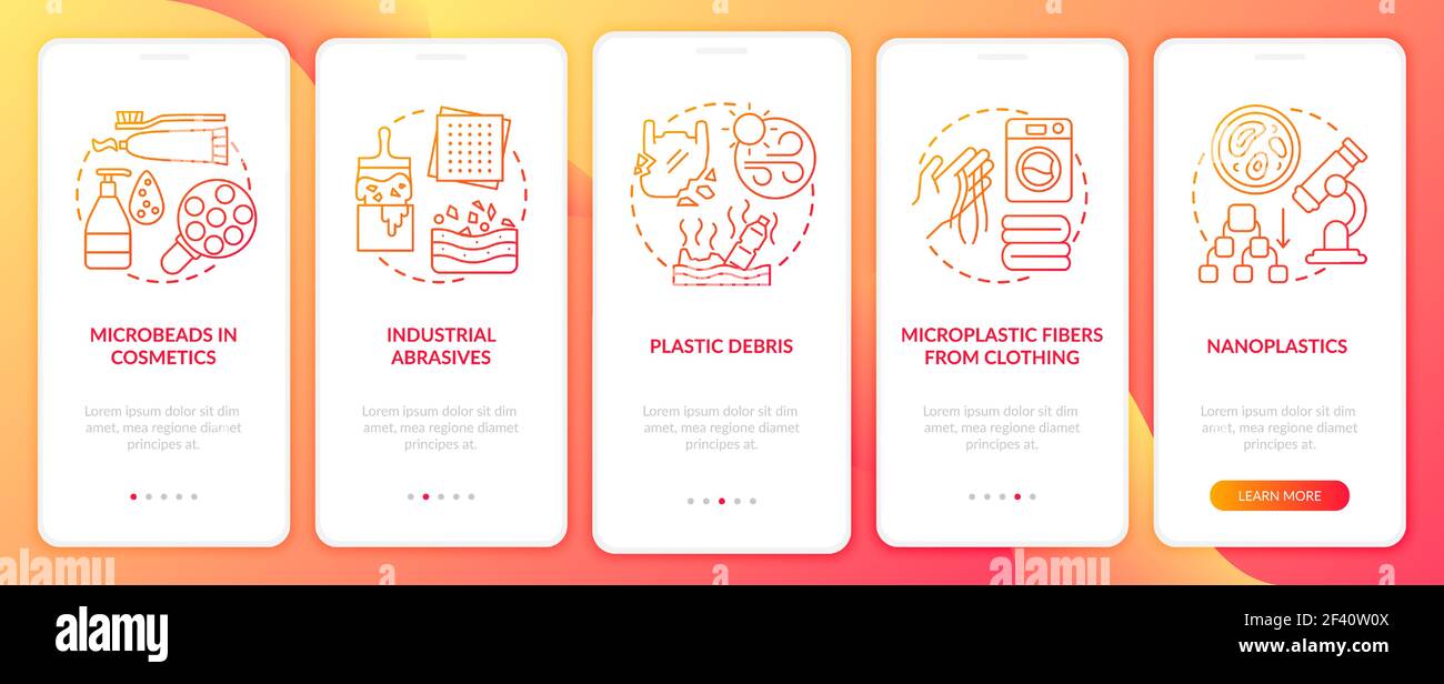Microplastics sources and types onboarding mobile app page screen with concepts Stock Vector