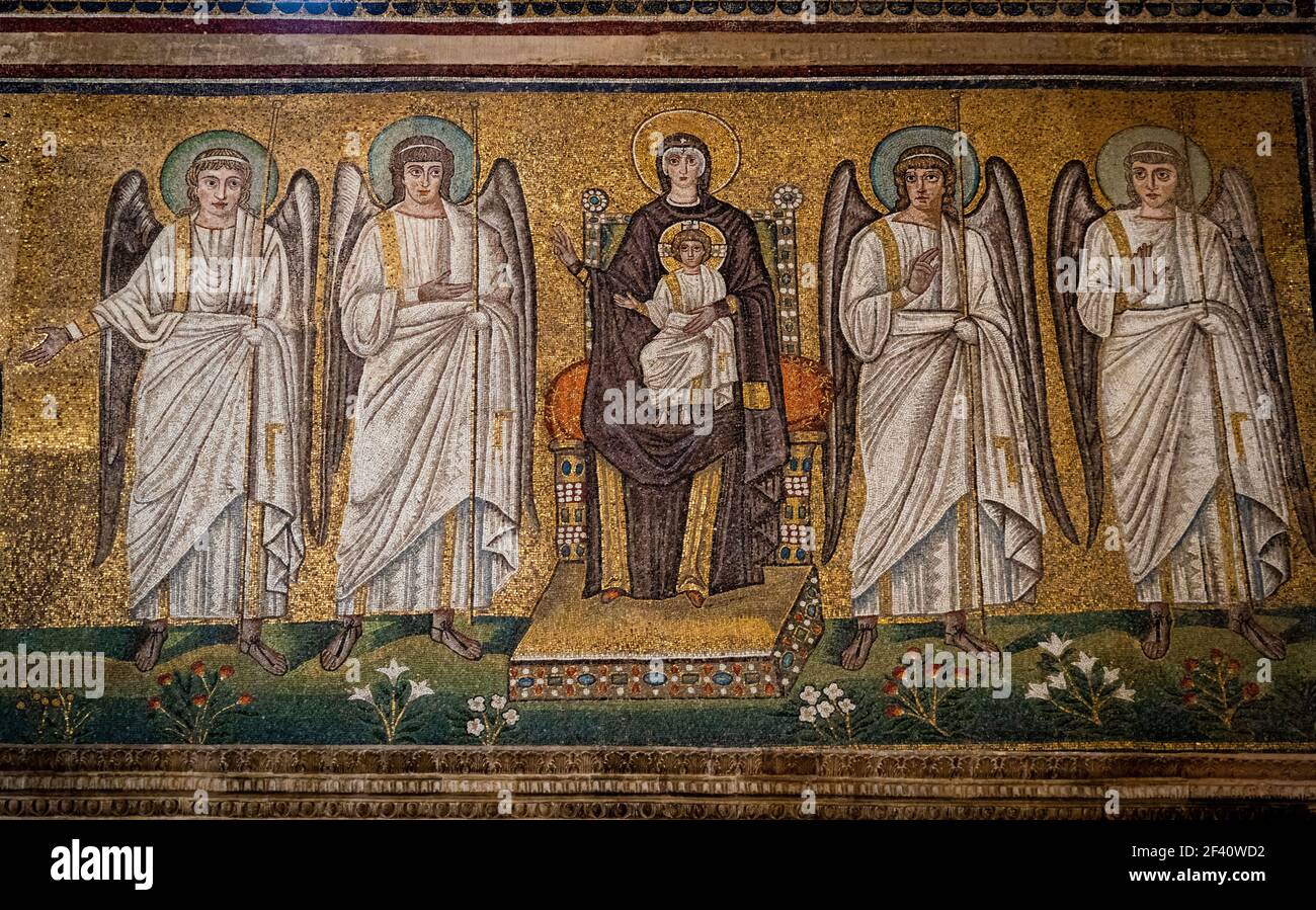 Mosaic of Madonna and Child surrounded by angels, Basilica of Sant'Apollinare Nuovo. Ravenna, Emilia romagna, Italy, Europe. Stock Photo