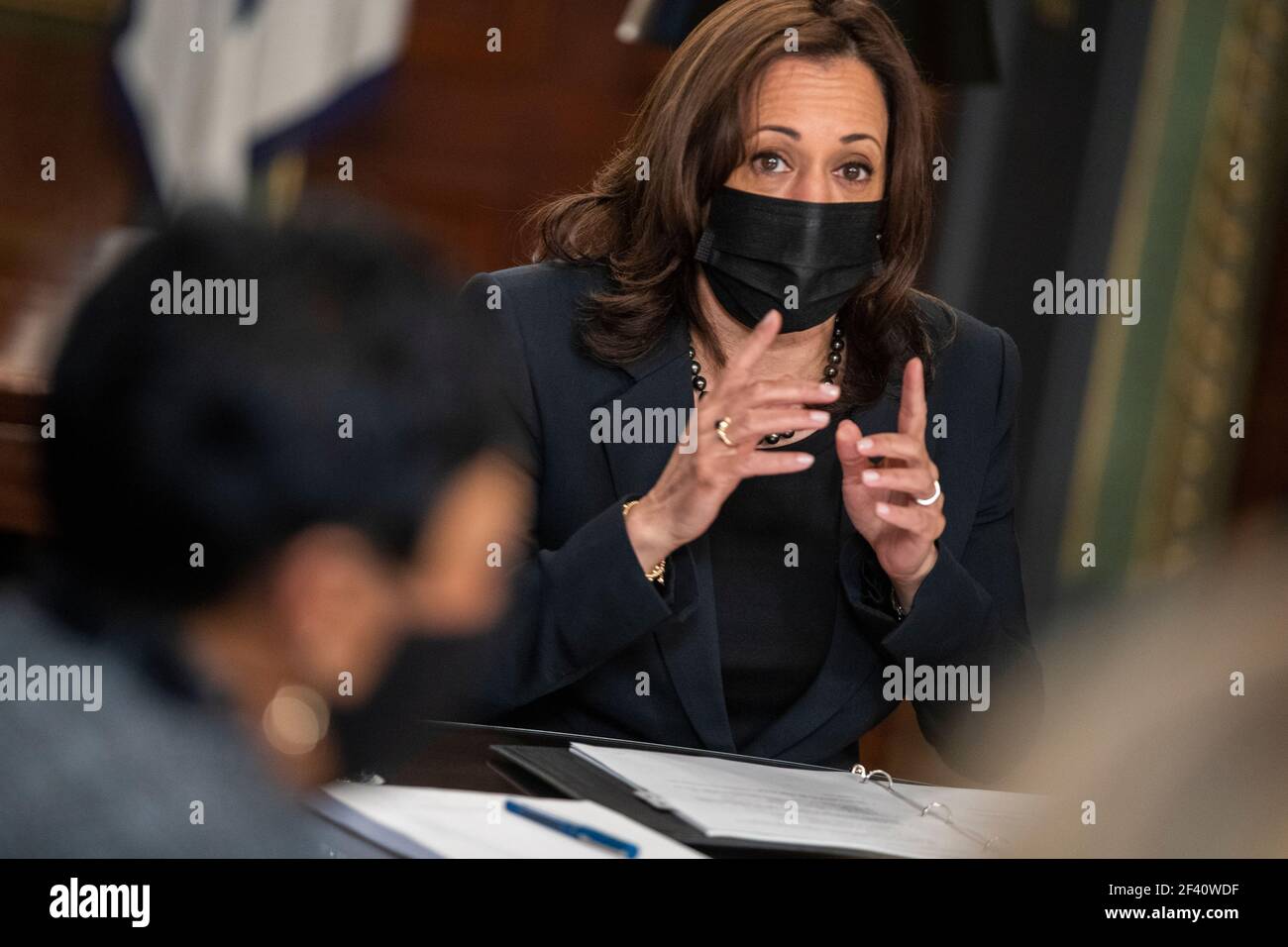 US Vice President Kamala Harris meets with labor leaders in the Vice President's Ceremonial Office in the Eisenhower Executive Office Building in Washington, DC, USA, 18 March 2021. To mark Women's History Month and passage of the American Rescue Plan Vice President Harris met with Randi Weingarten from the American Federation of Teachers, Liz Schuler from the American Federation of Labor and Congress of Industrial Organizations, Becky Pringle, from the National Education Association, Teresa Romero from United Farm Workers, Cindy Estrada from United Auto Workers, Mary Kay Henry from Service Em Stock Photo