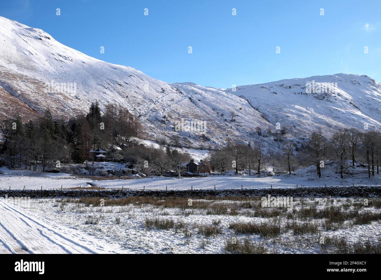 Snow covered mountains, Patterdale, Lake District, Cumbria, England, UK Stock Photo