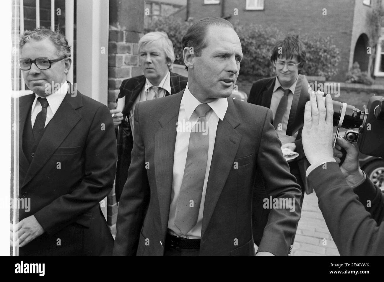 Geoff Boycott and Ray Illingworth discuss the future Yorkshire County Cricket club at Headingley in Sept 1981 in a press scrum Stock Photo