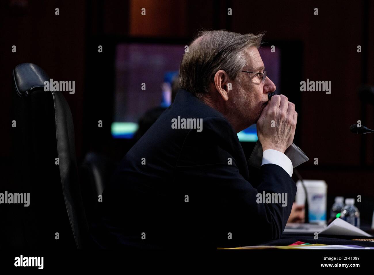 Washington, United States. 18th Mar, 2021. Dr. David Kessler, Chief Science Officer of the White House COVID-19 Response Team, listens during a hearing with the Senate Committee on Health, Education, Labor, and Pensions, on the Covid-19 response, on Capitol Hill in Washington March 18th, 2021. Pool Photo by Anna Moneymaker/UPI Credit: UPI/Alamy Live News Stock Photo
