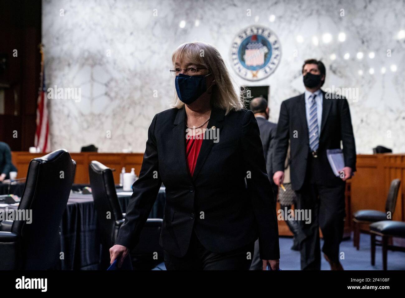 Washington, United States. 18th Mar, 2021. Chairwoman Patty Murray, D-Wash., leaves following the end of a hearing with the Senate Committee on Health, Education, Labor, and Pensions, on the Covid-19 response, on Capitol Hill in Washington March 18th, 2021. Pool Photo by Anna Moneymaker/UPI Credit: UPI/Alamy Live News Stock Photo