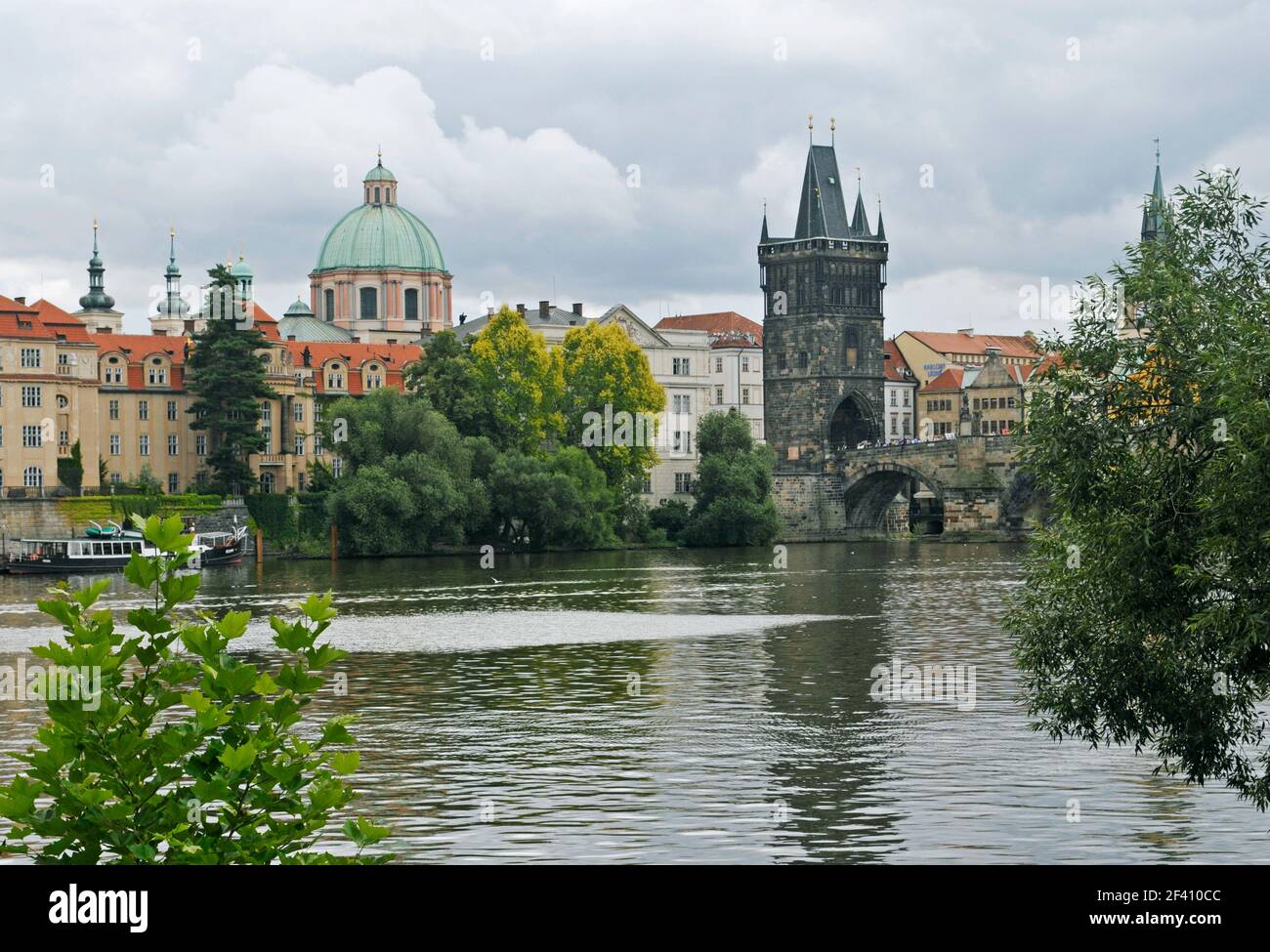 Vltava river and Old Town Prague riverside with Charles bridge, Czech Republic Stock Photo