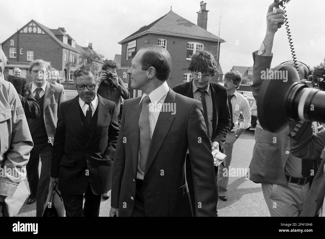 Geoff Boycott and Ray Illingworth discuss the future Yorkshire County Cricket club at Headingley in Sept 1981 in a press scrum Stock Photo