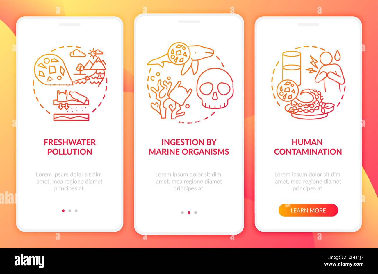 Microplastics effects onboarding mobile app page screen with concepts Stock Vector