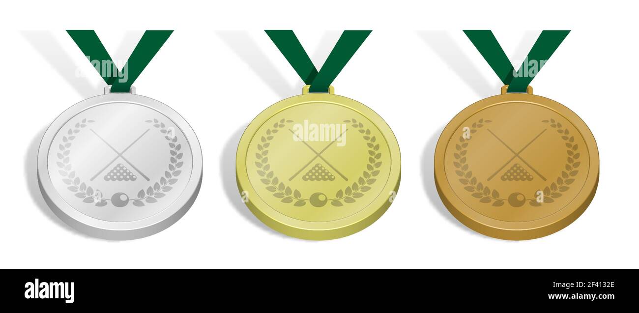set of sport medals with emblem of billiard cues and pool ball set with laurel wreath for competition. Gold, silver and bronze award with green ribbon Stock Vector