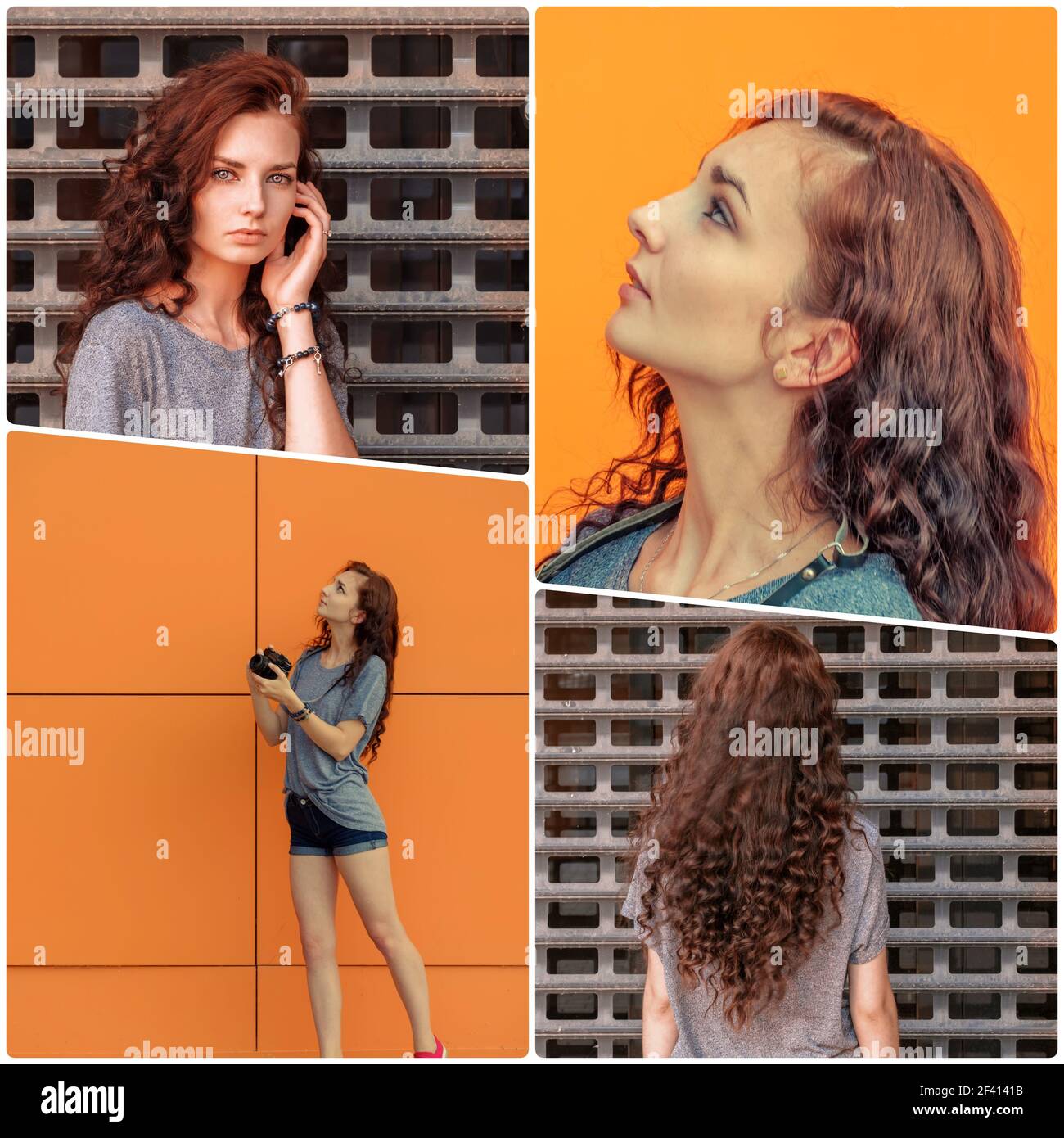 Collage girl with camera, you can delete any of pictures for copyspace