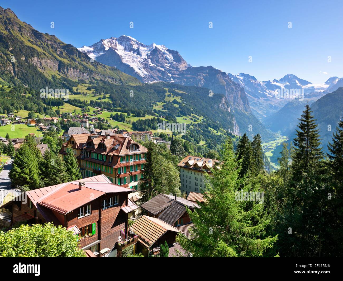 Switzerland Wengen The Eiger Mountain and a scenic view of Wengen a Switzerland Wengen The Eiger Mountain and a scenic view of Wengen a