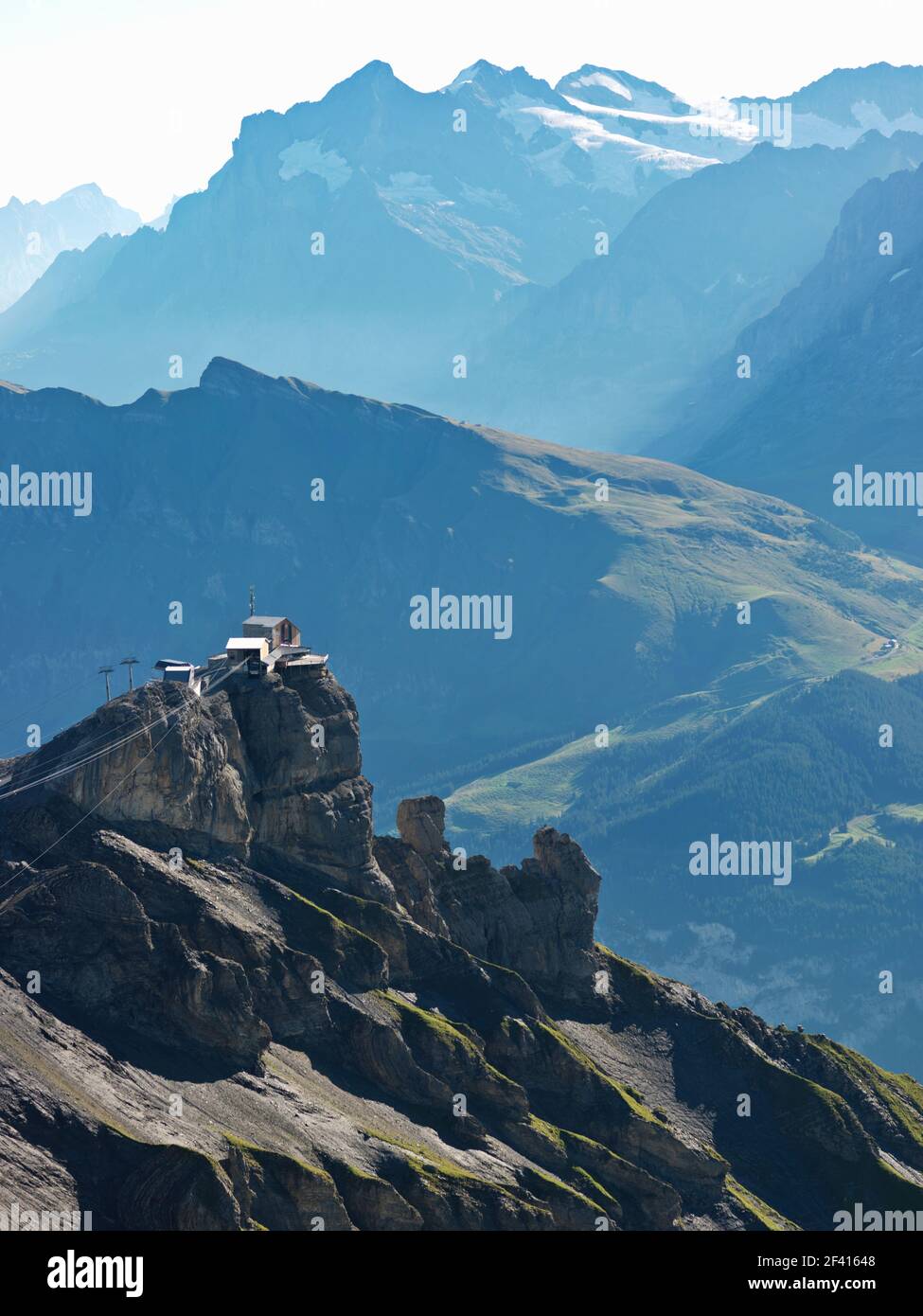 Switzerland Schilthorn Jungfrau Region. view from Schilthorn which is a 2,970 metre high summit in the Bernese Alps in Switzerland, above Mürren. Stock Photo