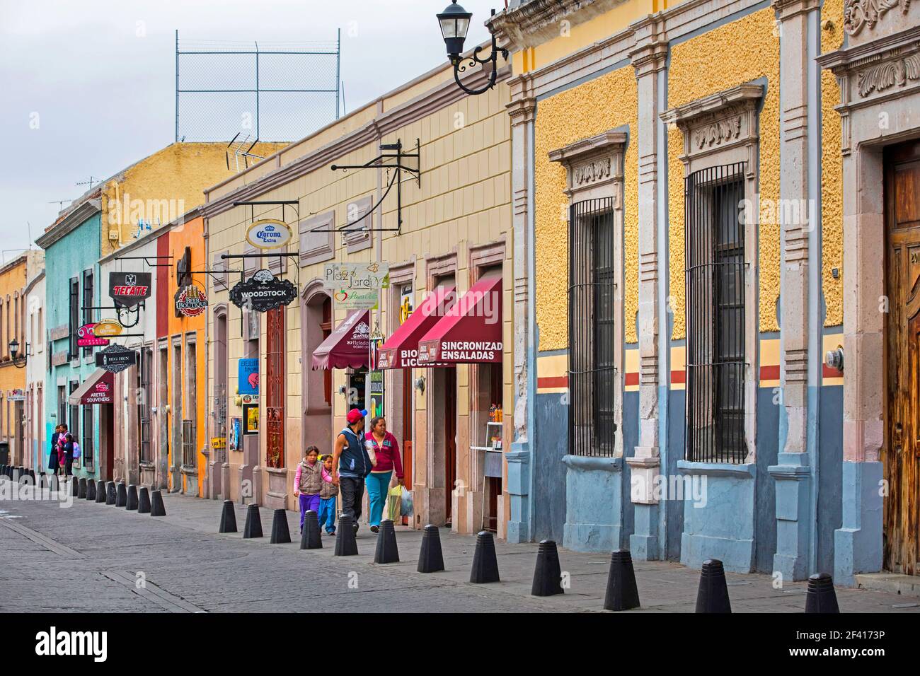 Cafes and shops in the colourful colonial city centre of Aguascalientes, north-central Mexico Stock Photo