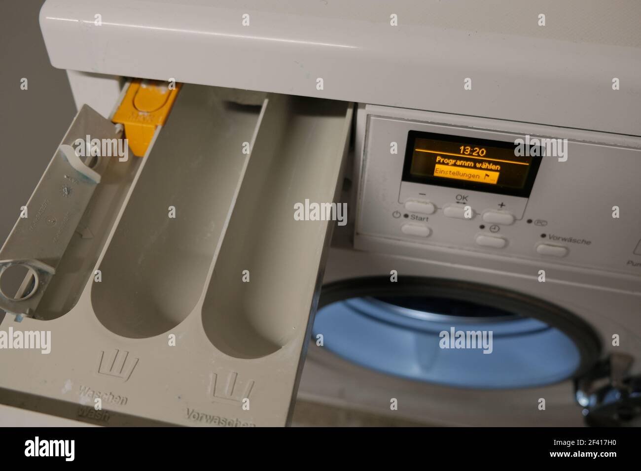 Open tray for detergent of washing machine Stock Photo Alamy