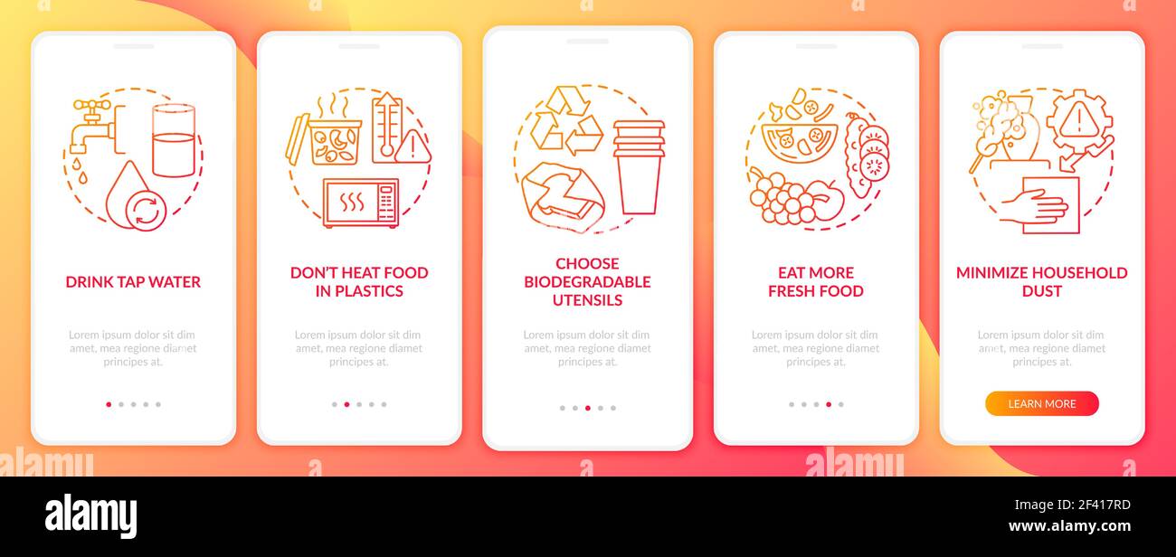 Avoiding microplastics tips onboarding mobile app page screen with concepts Stock Vector