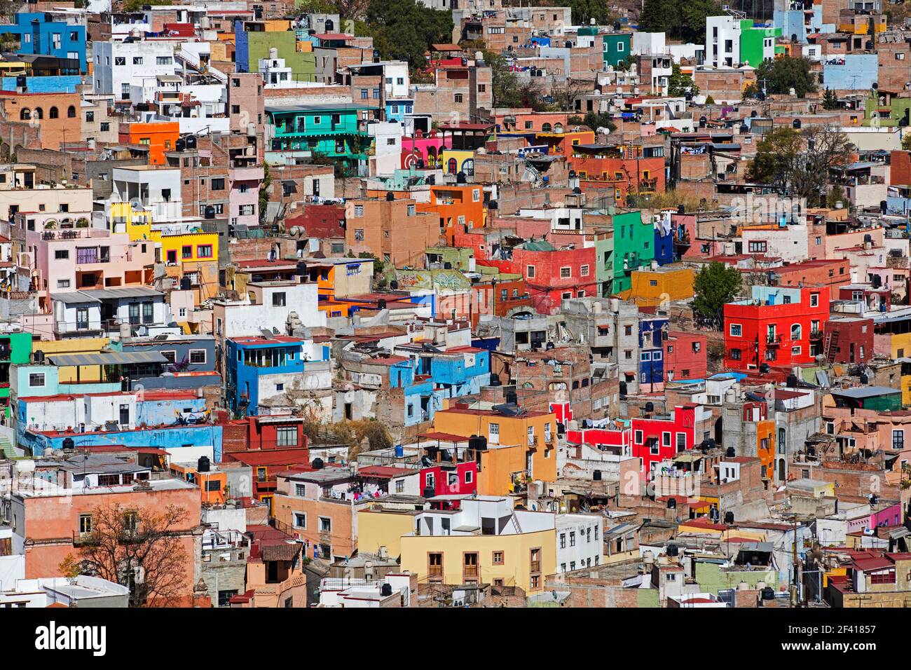 Aerial view over the rooftops of houses in city centre of Guanajuato, Central Mexico Stock Photo