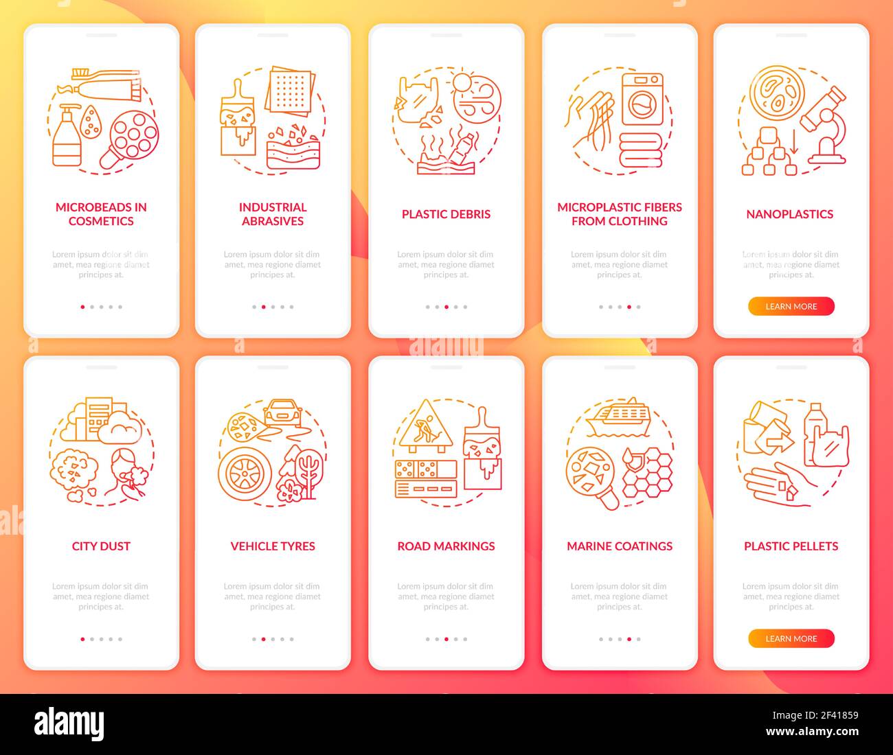 Microplastics sources onboarding mobile app page screen with concepts Stock Vector
