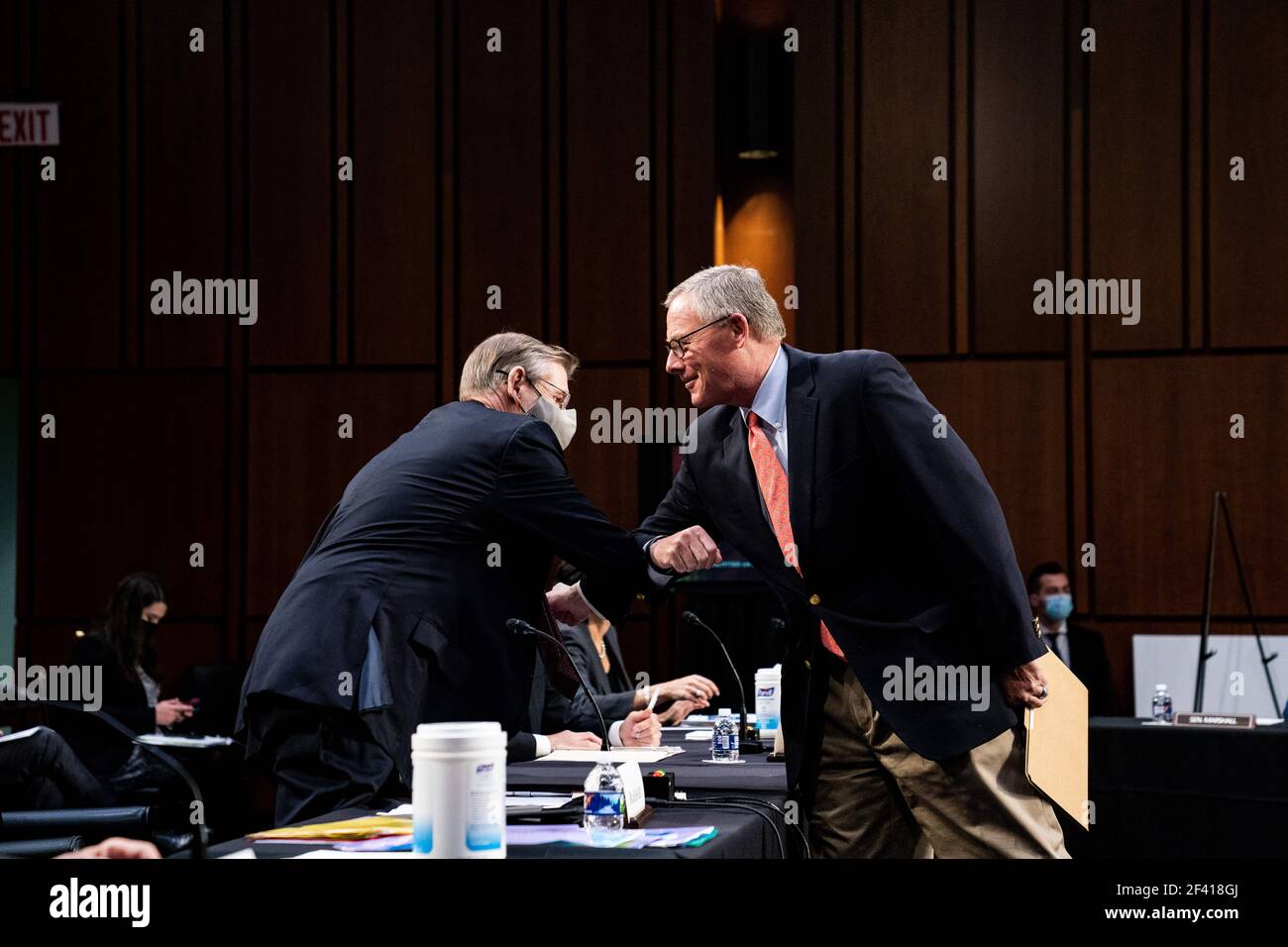 United States Senator Richard Burr (Republican of North Carolina), Ranking Member, US Senate Committee on Health, Education, Labor, and Pensions, greets Dr. David Kessler, Chief Science Officer of the White House COVID-19 Response Team, before a hearing, with the Senate Committee on Health, Education, Labor, and Pensions, on the Covid-19 response, on Capitol Hill in Washington March 18th, 2021.Credit: Anna Moneymaker / Pool via CNP /MediaPunch Stock Photo