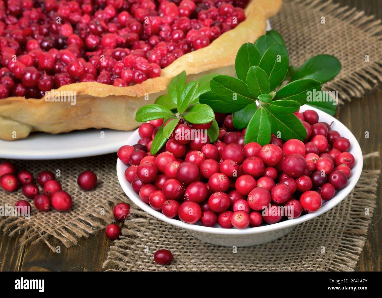 Ripe lingonberry in bowl and cowberry pie, close up view Stock Photo