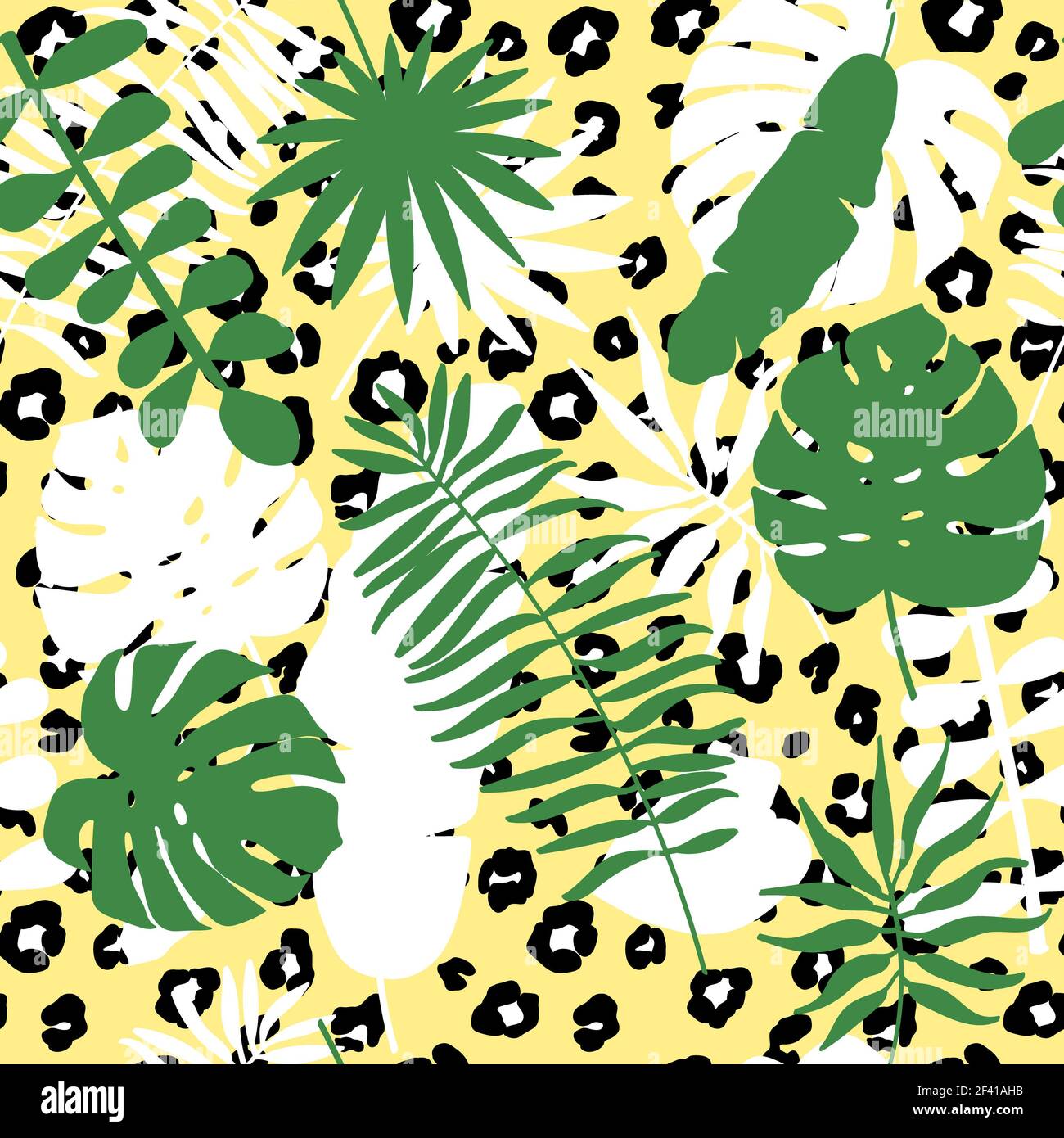 Vector seamless trendy pattern from tropical leaves on leopard print ...