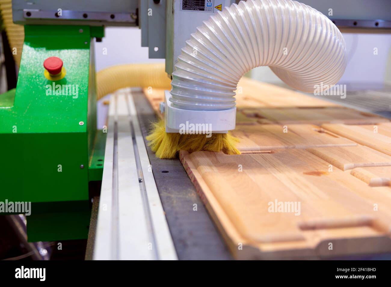 CNC woodworking wood processing machine, modern technology in the industry. Stock Photo