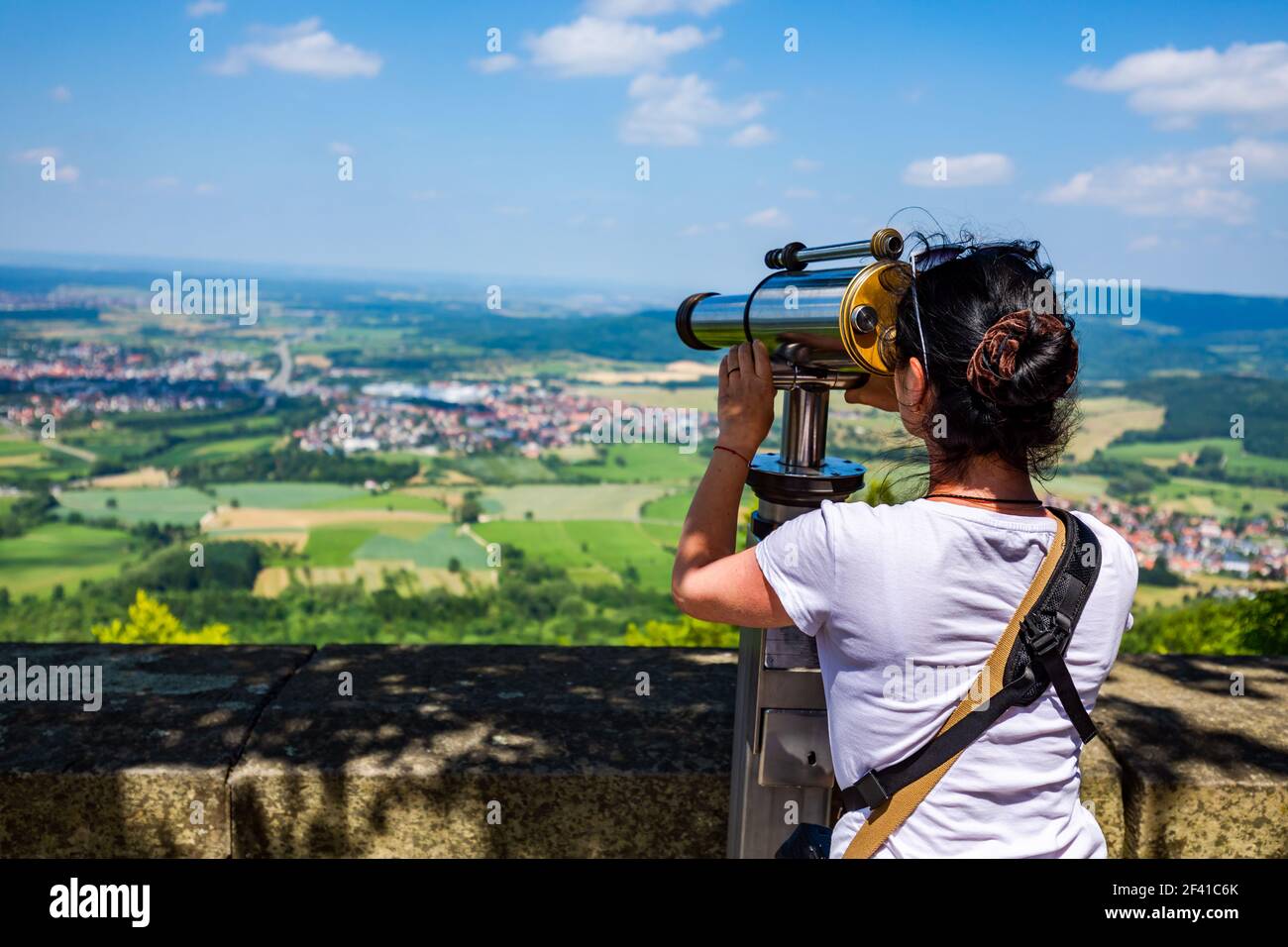 Woman tourist on the observation deck, viewing platform Hohenzollern Castle, Germany Stock Photo