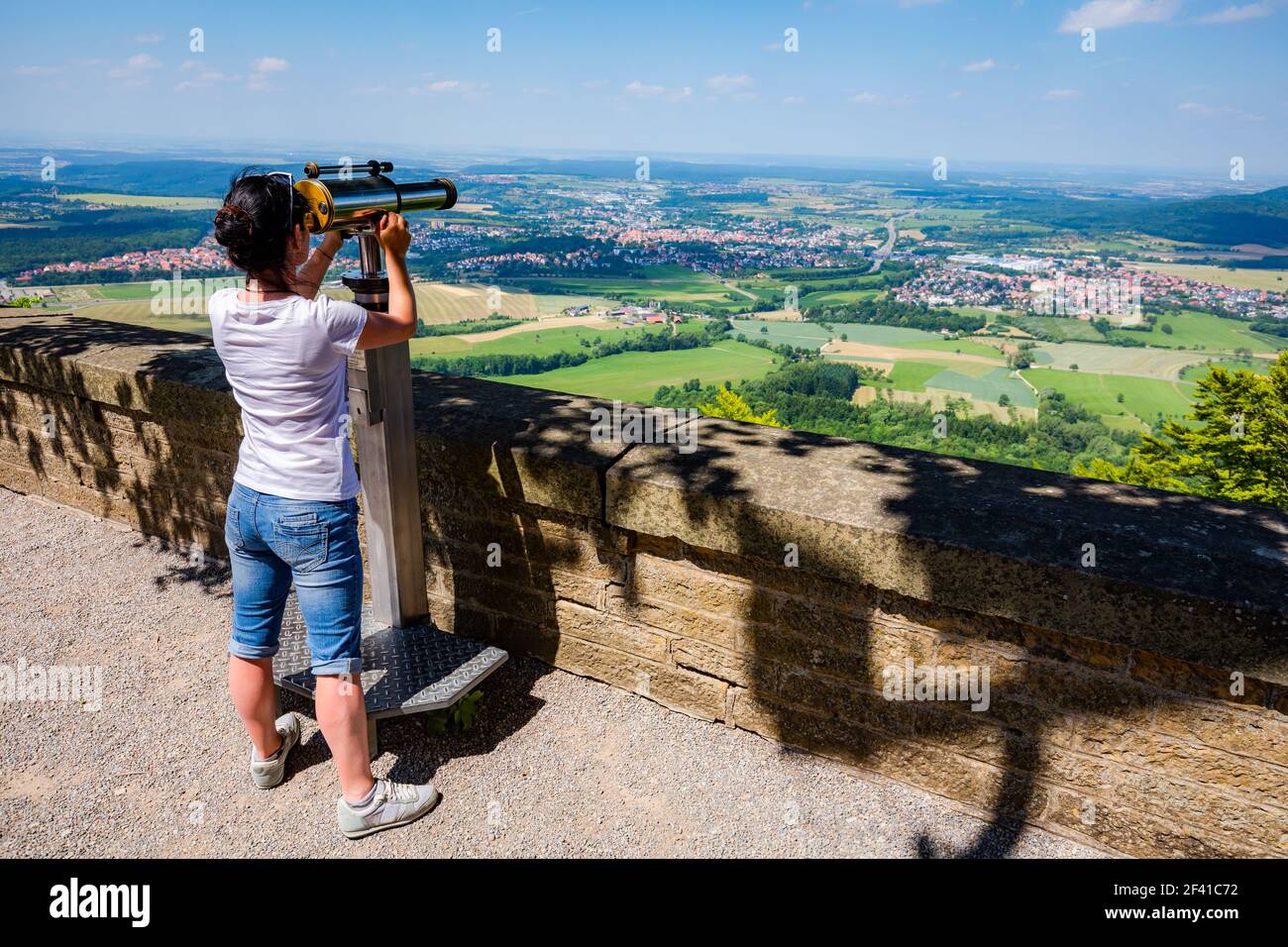 Woman tourist on the observation deck, viewing platform Hohenzollern Castle, Germany Stock Photo